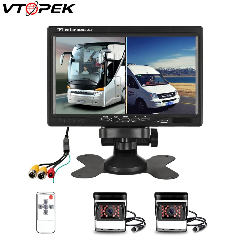 

Vtopek 7'' CAR view camera car monitor 2 Video Input 2 Split Screen PAL / NTSC Reversing Camera System remote control harvester