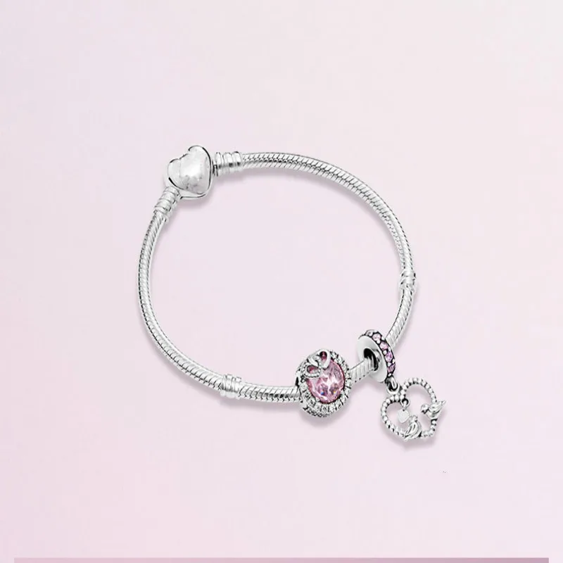 

Fits Pandora Jewelry Charm DIY Ladies Party Gift Sterling Silver 925 Pink Cat Eye Stone Beads Dazzling Love Bird Bracelet