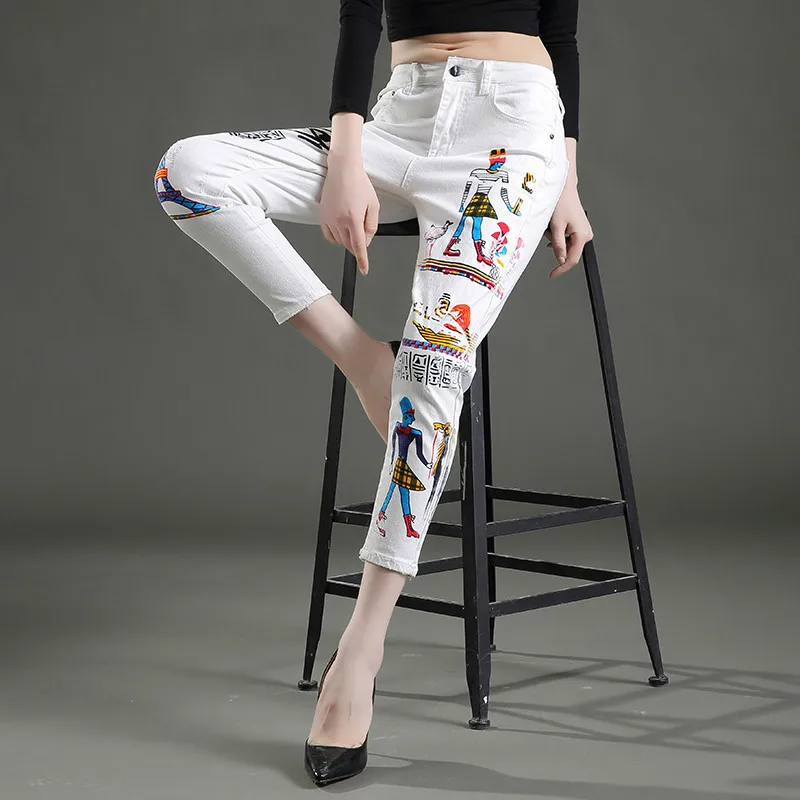 LYFZOUS Fashion Comic Printing Jeans Woman High Waist Cotton Jeans Slim Denim Harem Pants 2018 