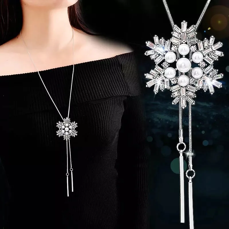 

RAVIMOUR Crystal Snowflake Pendants Necklaces Statement Choker Simulated Pearl Jewelry Long Necklace for Women Sweater Chain New