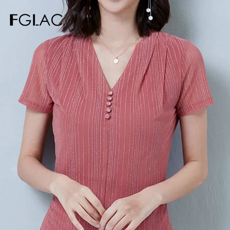 

Fashion casual short sleeve v-neck summer t-shirt women elegant slim plus size mesh shirt women tops