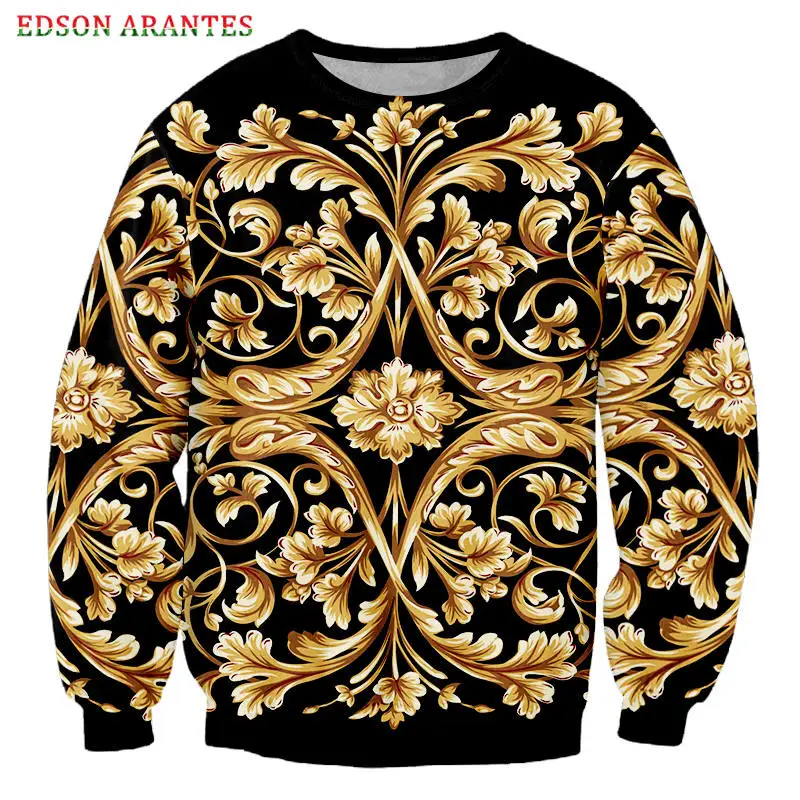 

Novelty 3d Golden Floral Print Long Sleeve Pullovers Sweatshirts Unisex Streetwear Hip Hop Rap Tracksuits Tops Plus Size S-6XL