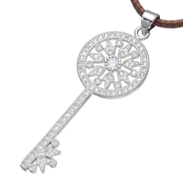 

3 Colors delicate Key Shape Micro Paved AAA Zircon Pendant Necklace 2016 Classic Design Round Key Charm Necklace Indian Jewelry