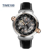 Men s Brand Automatic Self Wind Watch Skeleton Dual Time Zone Genuine Leather Strap Tourbillon Style
