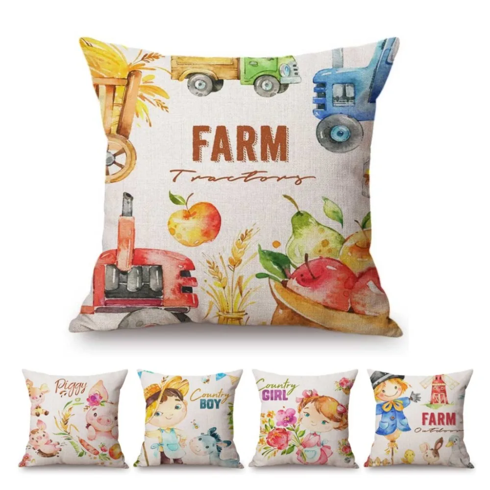 

18" Cute Autumn Farm Harvest Cartoon Watercolor Kids' Room Decoration Throw Pillow Case Lovely Baby Animals Floral Cushion Cover