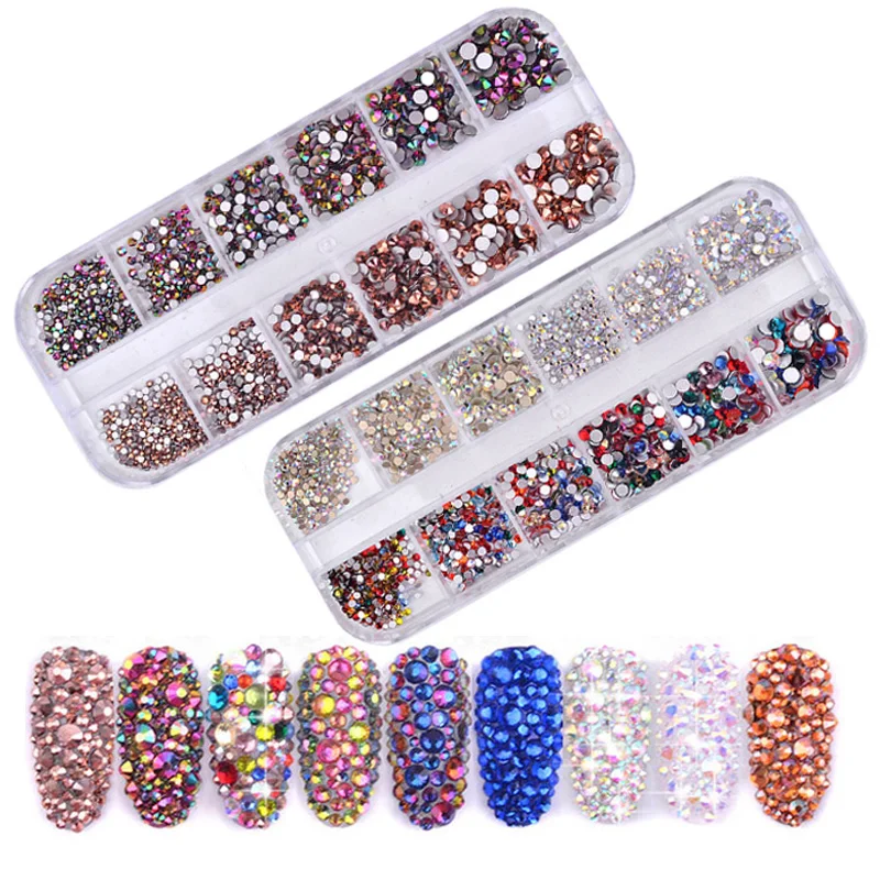  Multi Size 1Box Glass Nail Rhinestones Mixed Colors Flat-back AB Crystal Strass 3D Charm Gems DIY M