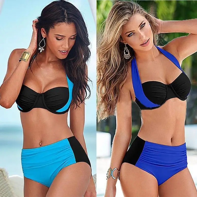 XXL Size Sexy Bikinis Swimsuit Push-up Wired Padded Bra Halter Patchwork High Waisted Bathing Suits Plus Size bikinis 2018 mujer