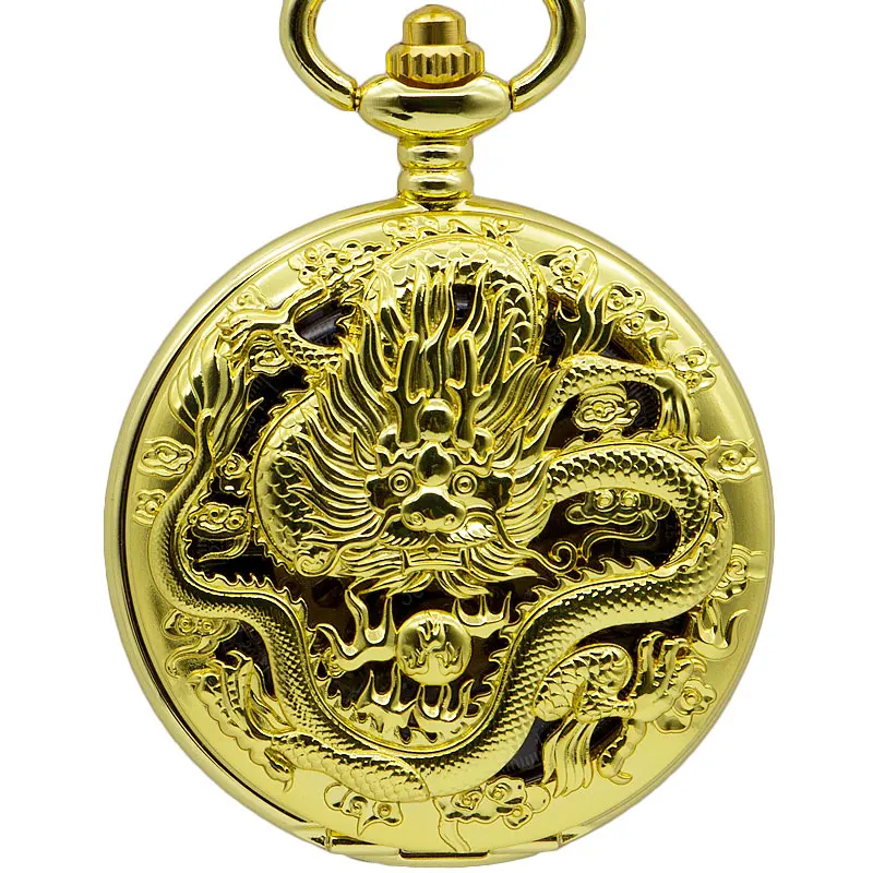 

Luxury Mechanical Pocket Watch Dragon Laser Engraved Clock Animal Necklace Hand Winding Men Bronze Fob Watches PJX1381