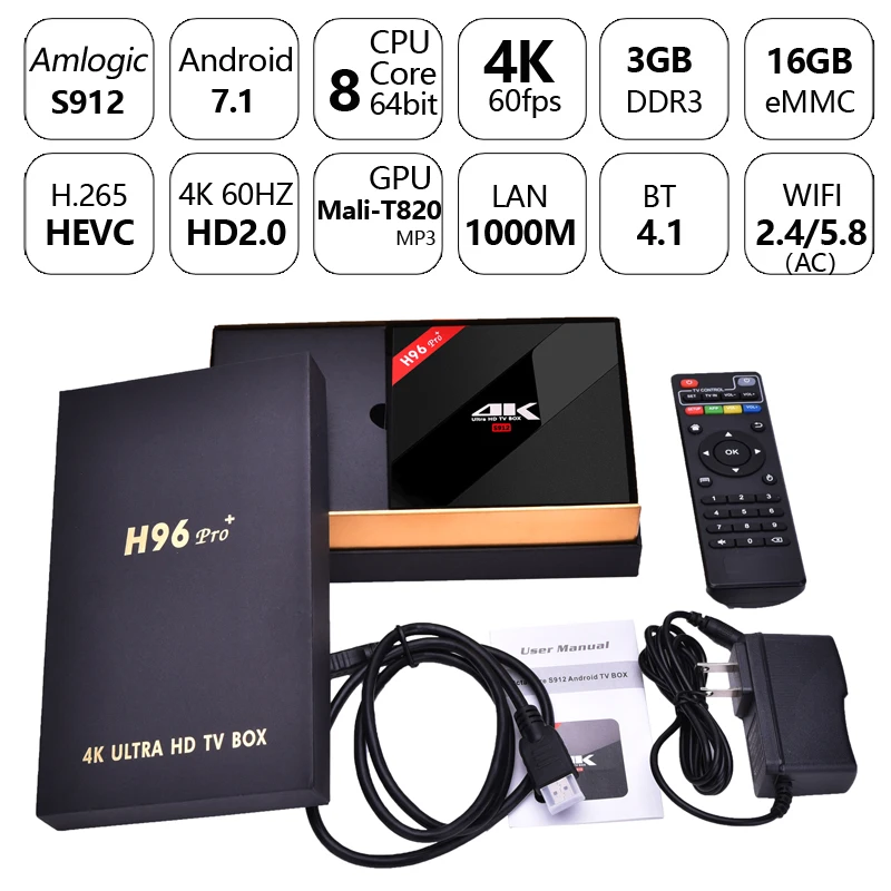 H96 Pro Plus Android 7 1 ТВ приставка Amlogic S912 Восьмиядерный 4 K потоковый 2 ГБ/3 Гб 16 медиаплеер