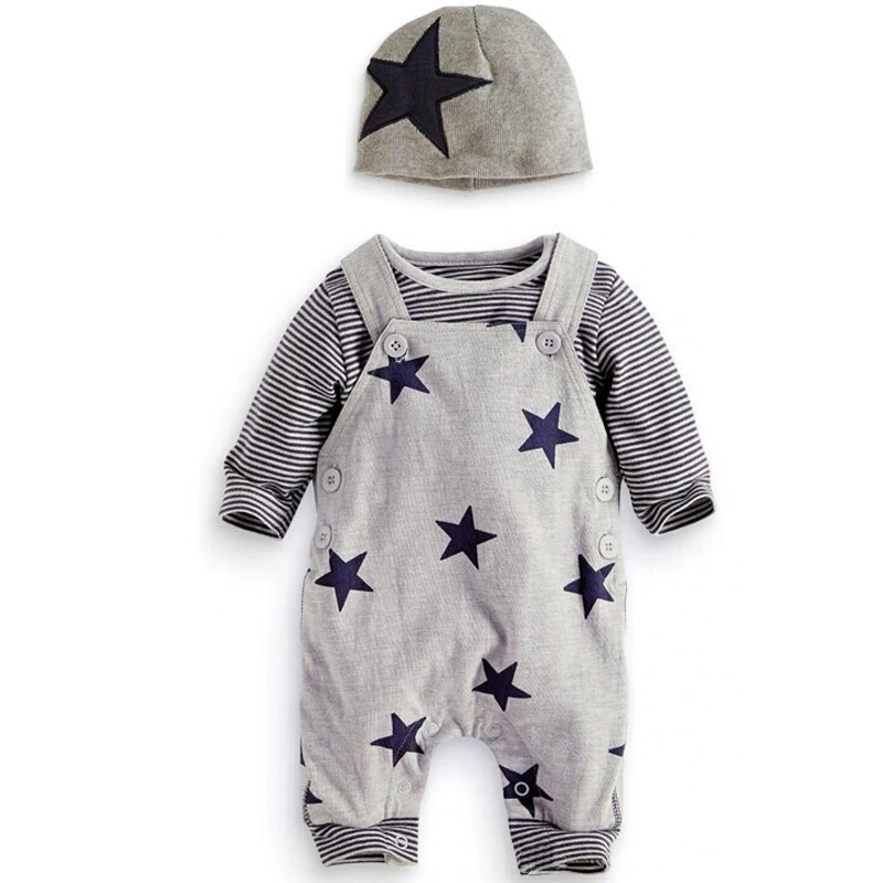 

Baby Boys Clothing Set 2018 New Casual Baby Boys Clothes Cotton Stars Hat+T-shirt+Overalls 3Pcs for Baby Rempers