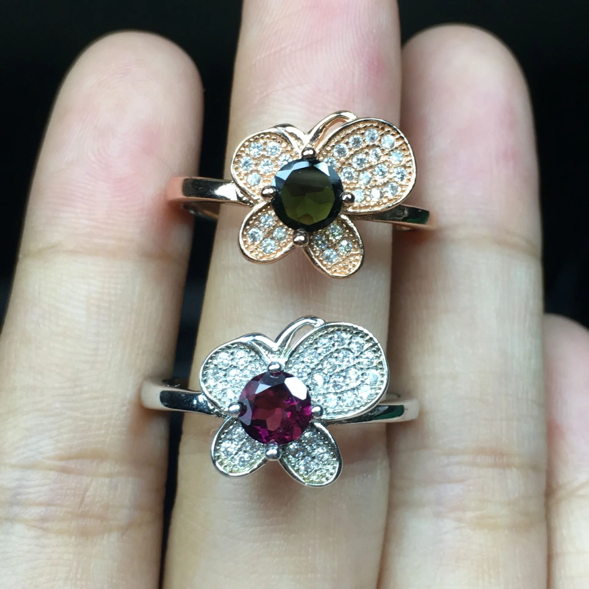 

925 silver inlaid Tourmaline Ring fashionable Sterling Silver Butterfly Ring open