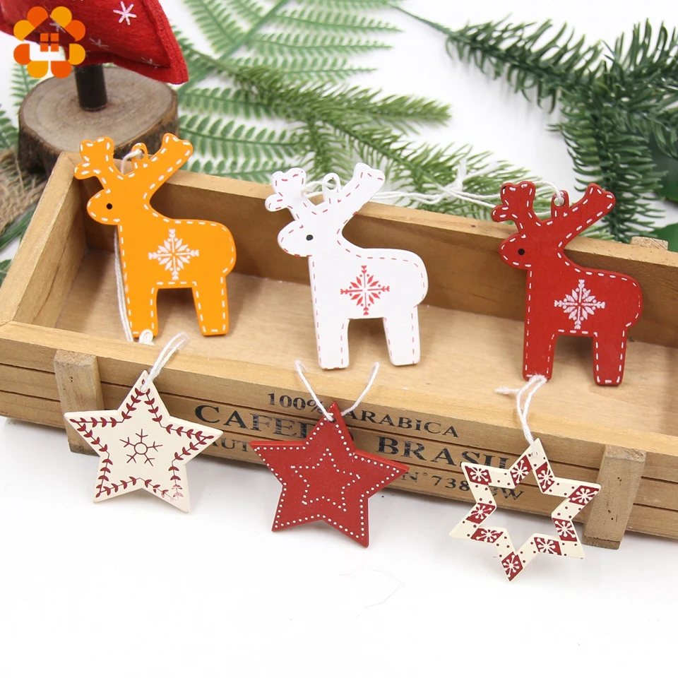 

6PCS DIY Creative Christmas Printed Deer/Star Pendant Ornaments Kids Gifts Home Christmas Party Xmas Tree Ornaments Decorations