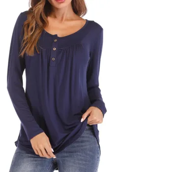 

2019 Autumn And Winter Pleat Button T shirt Solid Long Sleeve Loose Womens Casual Tops Cheap Clothes China Chemise Femme ez*