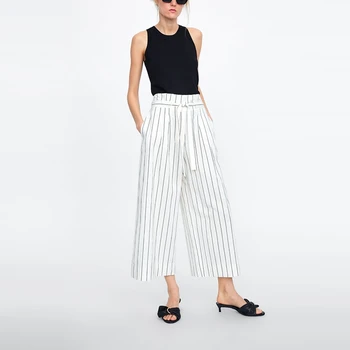 

Summer High Waist Striped Wide Leg Pants Lace Up Bow Ankle-Length Loose Casual Ladies Casual Office Trousers XB9134