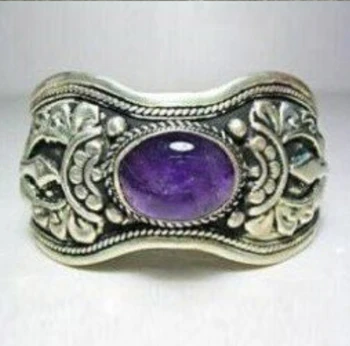 

hot sell new - Handcrafted Ethnic Carve dragon Men's tibet silver PURPLE JADEs cuff bracelet bangle