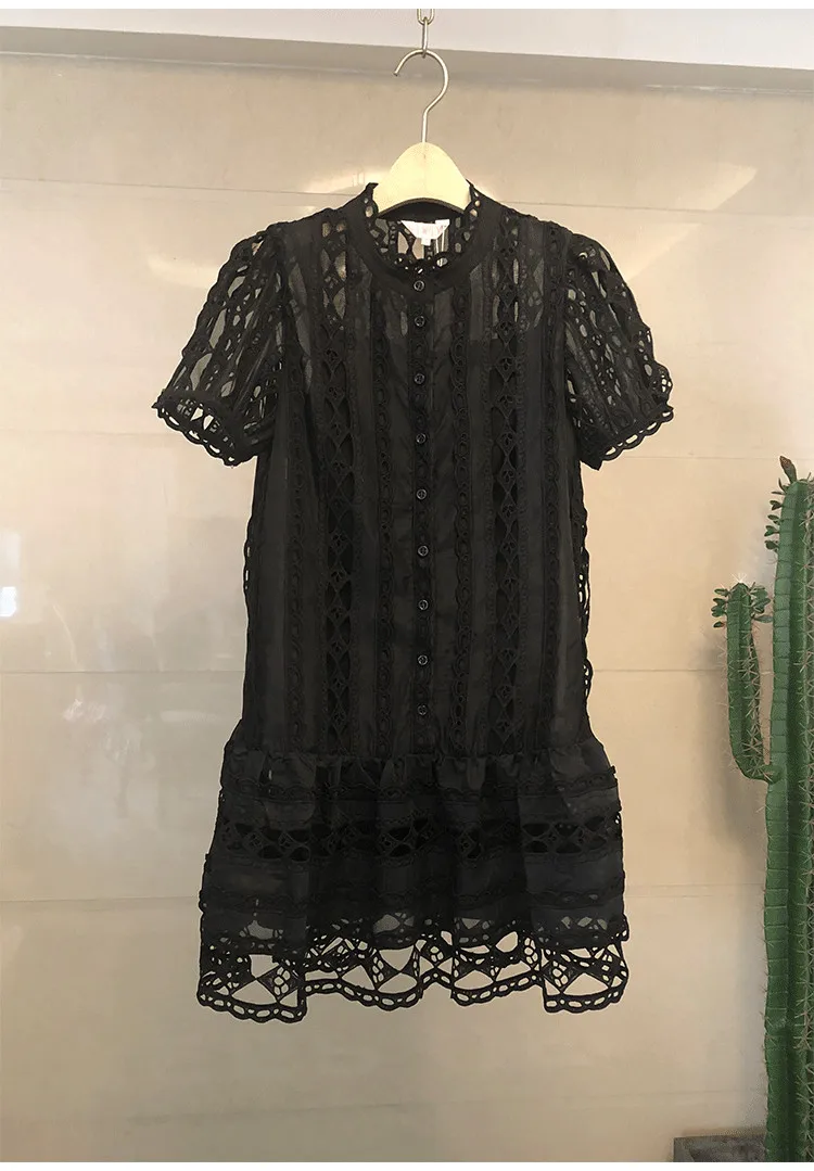 Белое черное милое платье из хлопка с кружевами летнее женское платье с коротким рукавом и пуговицами Сексуальное мини элегантное платье А-силуэта