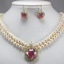 2 ряда(ов) белого жемчужное ожерелье+ в форме сердца розовый циркон серьги крюк быстрая