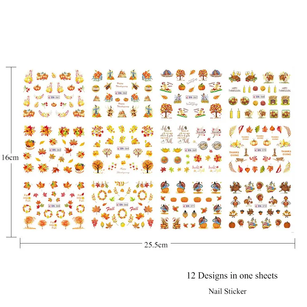 12 шт микс Осенняя наклейка на ногти водная наклейка День благодарения Желтое золото лист индейка водяной знак слайдер маникюр декор советы