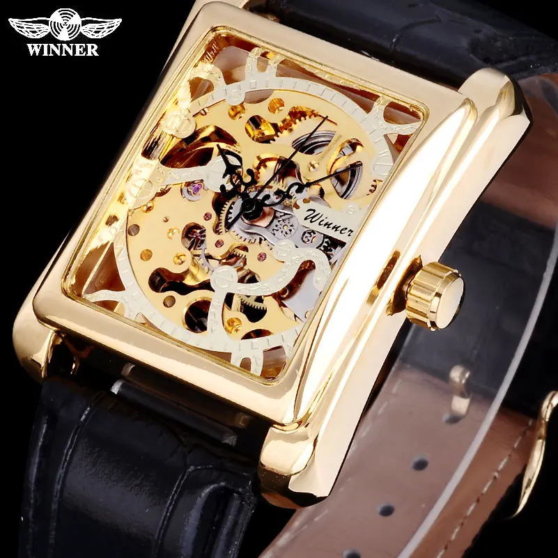 Koop 2016 Winnaar Merk Horloges Mannen Rechthoek Mechanische Hand Wind Horloges Man Golden Skeleton Dial Kunstleer Horloges