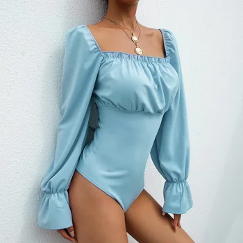 

Women's Sexy Spaghetti Strap Back Lace Up Bowknot Bodysuit Puff Long Sleeve Jumpsuit Lace Up Bodycon Club Rompers