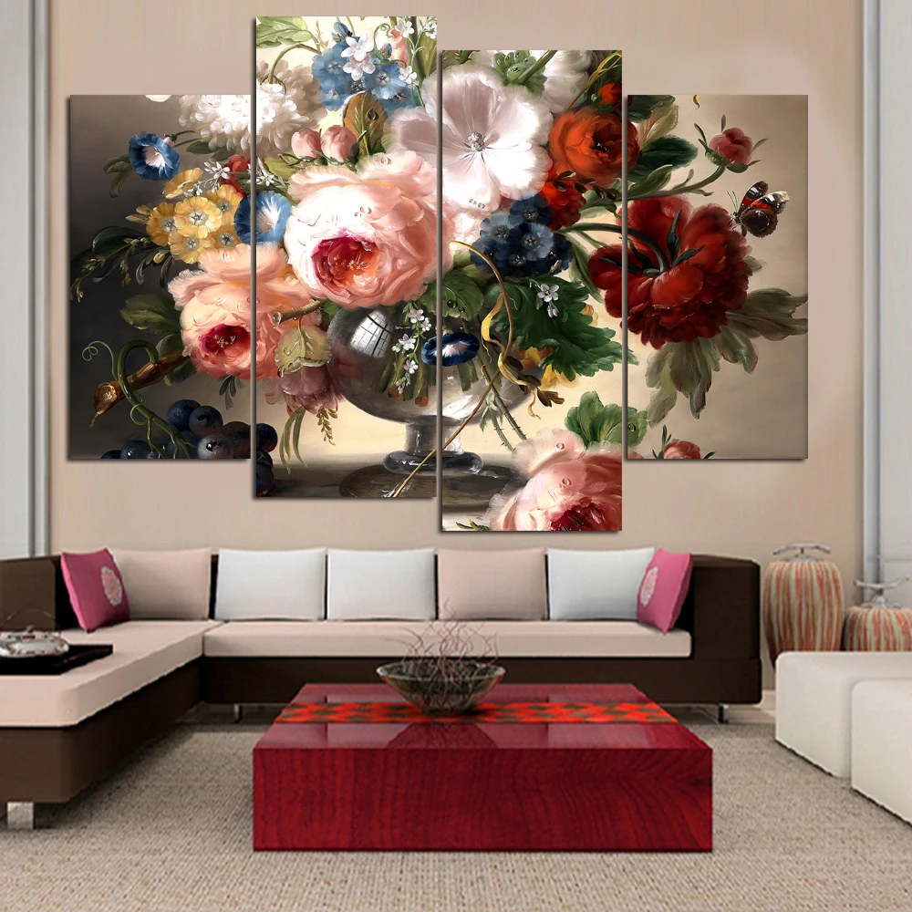 Без рамки Прямая 4 панели модульные картины Куадрос Decoracion цветы холст художественные картины для гостиной домашний декор