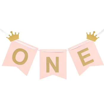 

1 Set Kawaii Baby First Birthday White Pink Yellow Chair Banner ONE Year 1st Crown Birthday Decoration Boy Girl I AM ONE Flags