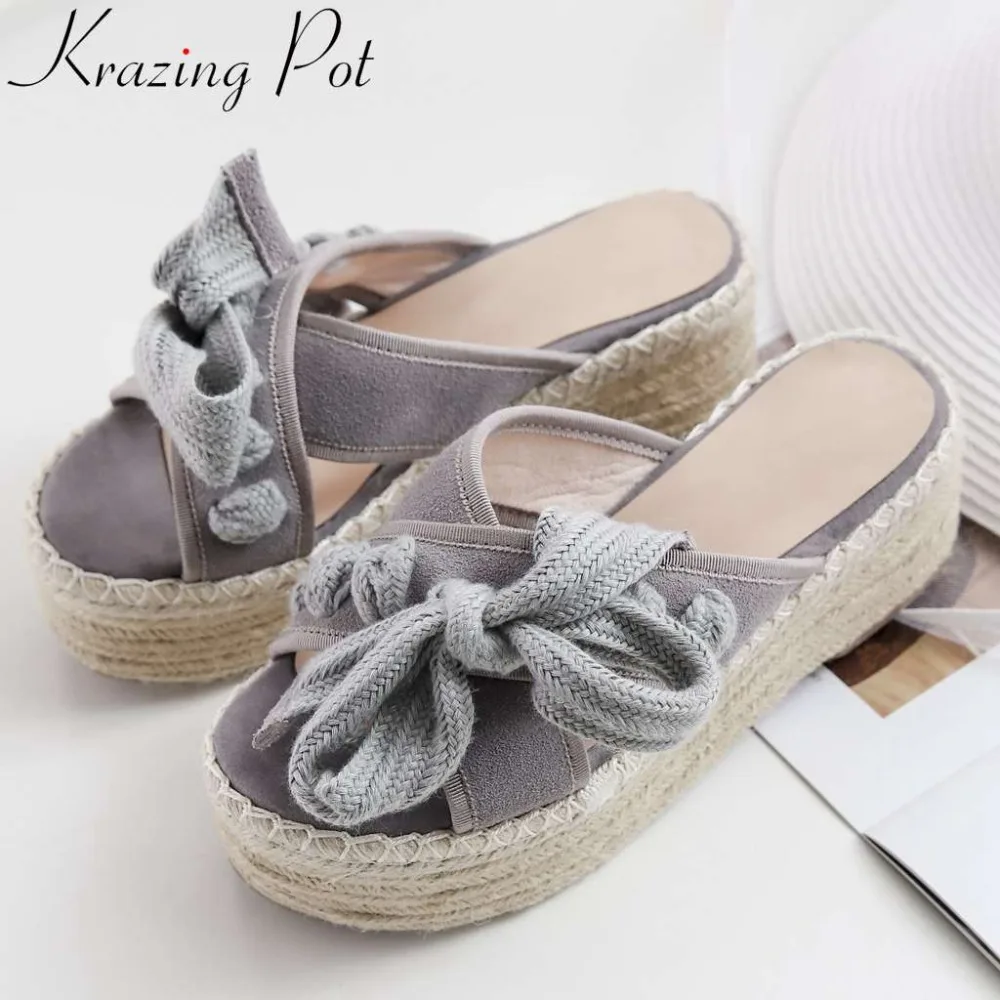 

Krazing Pot concise style peep round toe wedges platform straw decoration butterfly-knot slip on mules high heels sandals L02