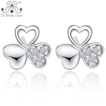 

100% Authentic 925 Pure Silver Elegant Austrian Crystal Cubic Zirconia 3-leaf Clover Heart Stud Earrings For Women Party Jewelry