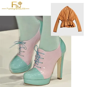 

Customization Real Cow Leather Camel Ankle Boots 8.8 cm Square Heels Lace Up Round Closed Toe Spring Autumn Women Shoes FSJ