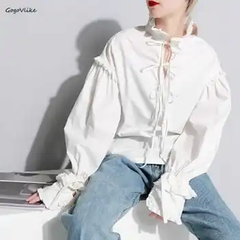 

White Vintage Blouse Lace Up Women Special Cut 2018 women shirt females Casual Tops Ruffles Fashion Tide Europe Style LT239S50
