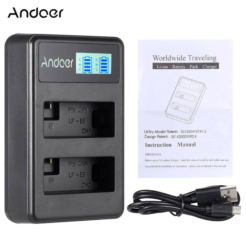 Andoer LP-E8 Rechargeable LED Display Li-ion Battery USB Cable Kit for Canon Rebel T3i EOS 600D 650D Kiss X5 X4 Digital Camera |