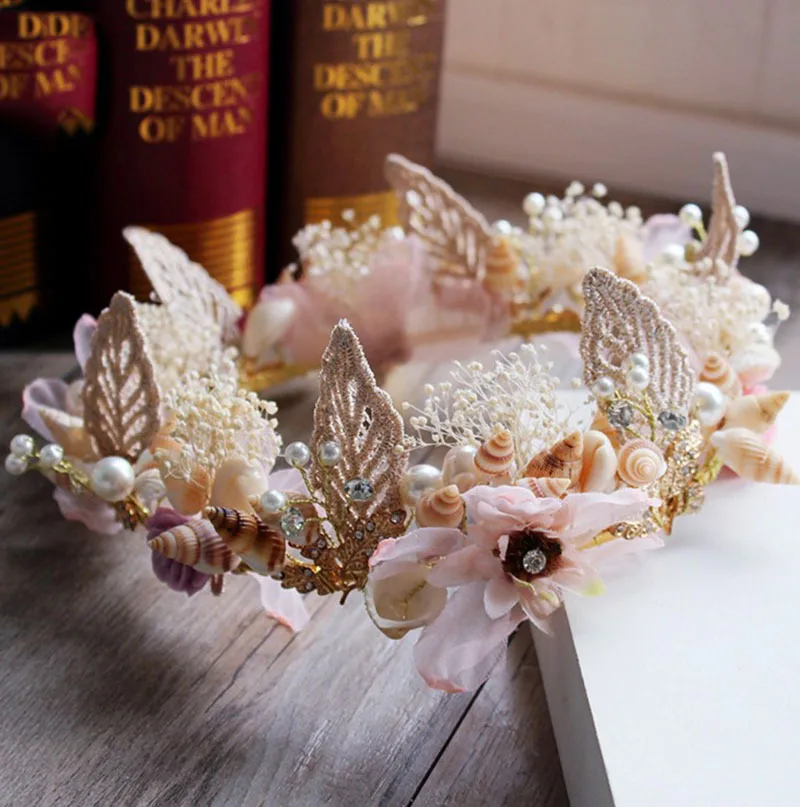 

Women royal Tiara crystal gold color Headpiece baroque hair ornaments shell floral queen diadem luxurious wedding jewelry