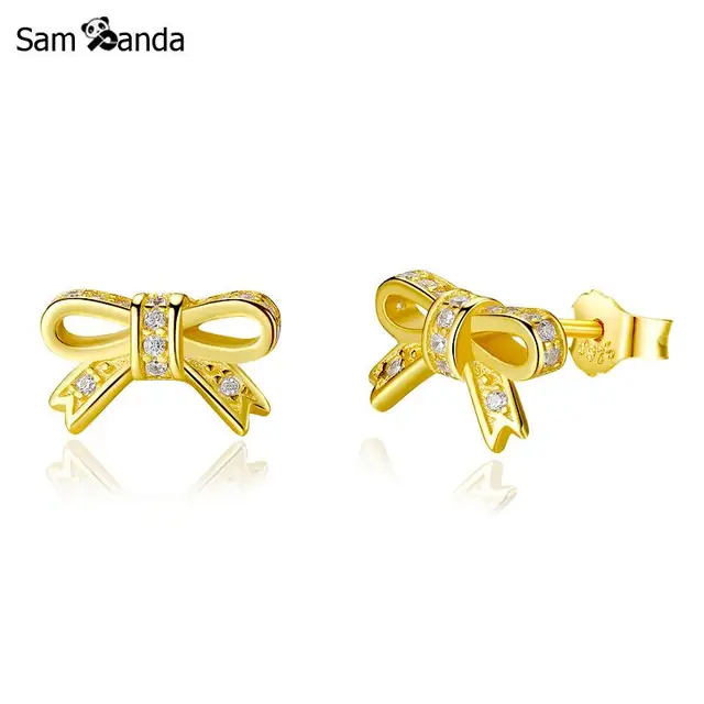 Authentic 100 Original 925 Sterling Silver Stud Earrings Sparkling Authentic 100 Original 925 Sterling Silver Stud Earrings Sparkling Bow Earring Cz Earings Shine Gold