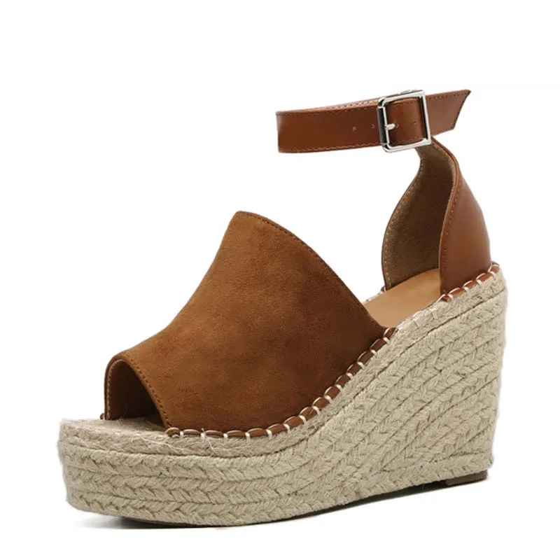

Women Platform Sandals Summer Brown Flock Peep Toe Wedge Espadrilles Women Buckle Strap Comfortable Women Sandals Shoes