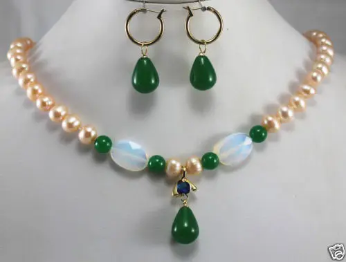 

Prett Lovely Women's Wedding New Jewelry 8mm Yellow Green Pearl/gem Necklace Hook Earring Pendant set 5.23 silver-jewelry boucle