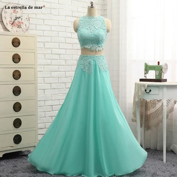 

Mint Green Two Pieces Prom Dresses Chiffon And Lace A-line Long Floor Length Special Occasion Party Gowns Real Photos