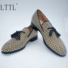 Большие размеры 47; Разноцветные мужские итальянские лоферы из лакированной кожи в клетку; модные лоферы с кисточка ручной работы; Мужские модельные туфли без застежки