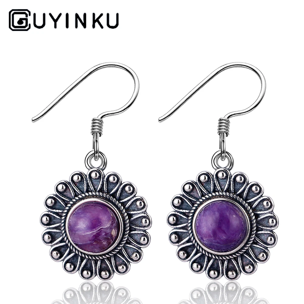 

GUYINKU Natural Purple Dragon Crystal Round 7MM Flower Shaped Pendant Earrings 925 Sterling Silver Jewelry Ladies Party Gifts