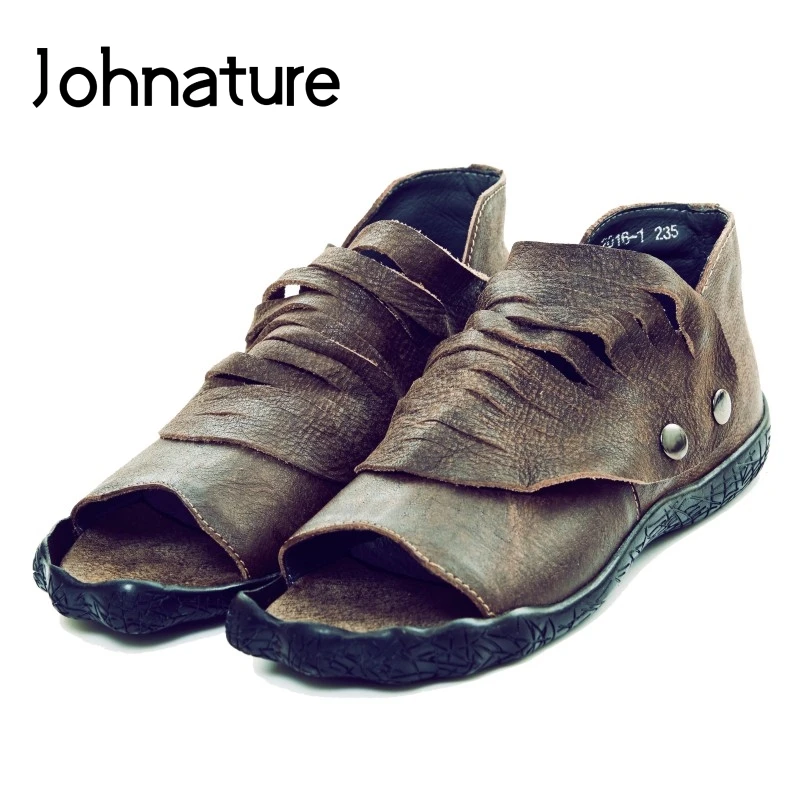 

Johnature New 2019 Summer Genuine Leather Casual Buckle Strap Retro Solid Sewing Cover Heel Fringe Flat With Sandals Women Shoes
