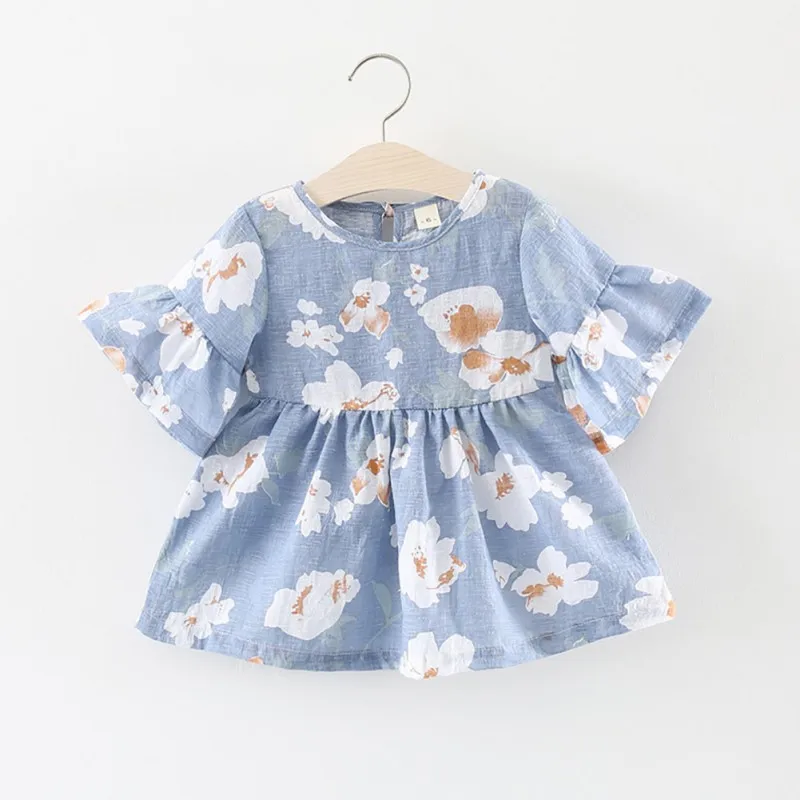 Summer Baby Girls Floral Print Casual Dress Cotton Breathable Kids Ruffle Flare Sleeve Dresses Sundress Outfits 0-24M