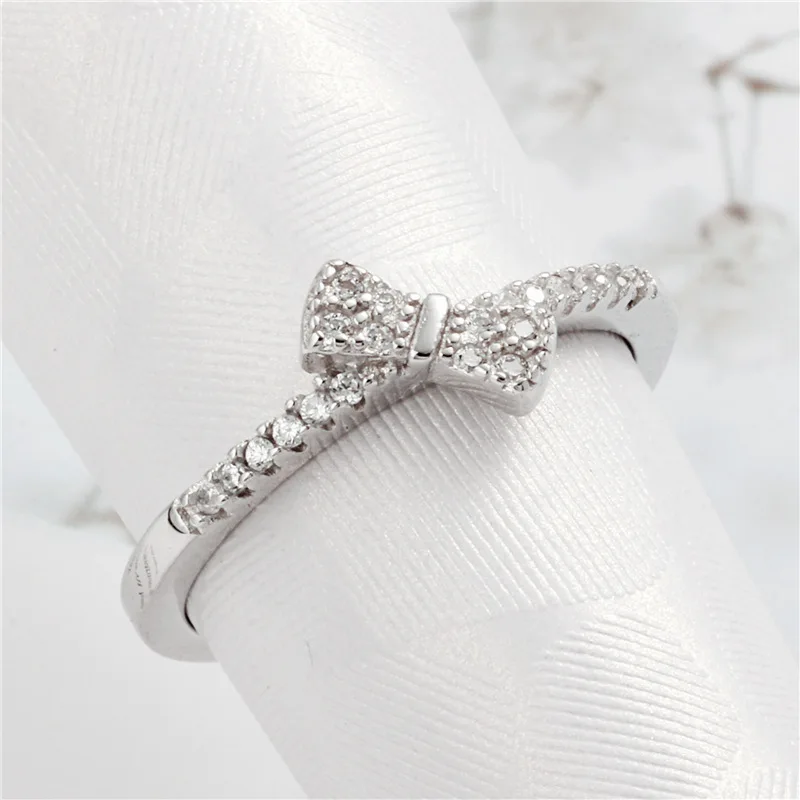 bow full cz open ring 100% Sterling 925 silver Jewelry Vintage Adjustable rings for women girl gift free size