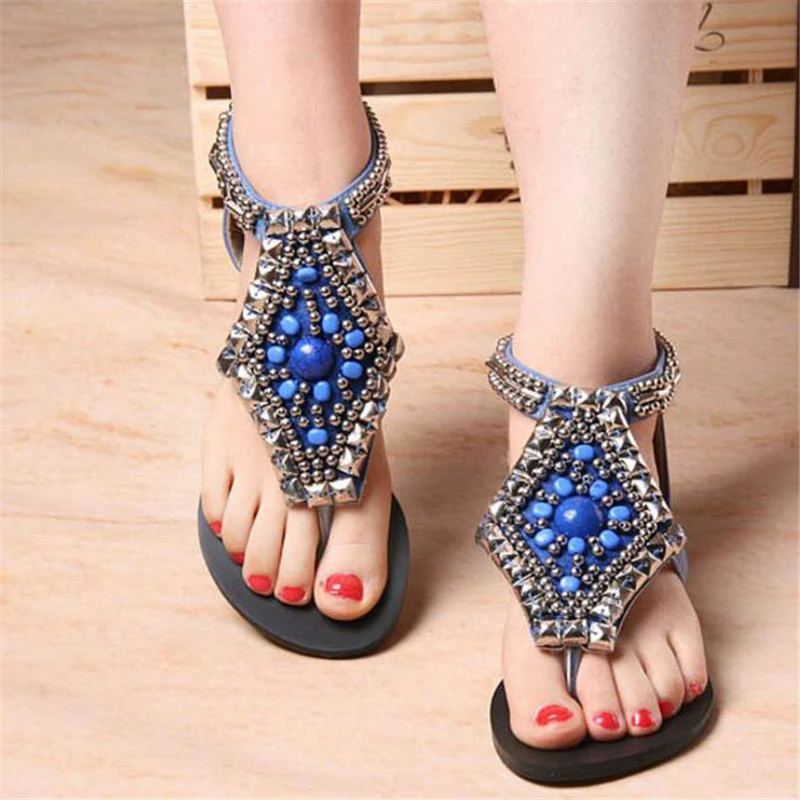 Элегантные сандалии со стразами и бисером; женская модная повседневная обувь из искусственной кожи; Вьетнамки; однотонная женская обувь; большие размеры 40; WSS593 - Цвет: Синий