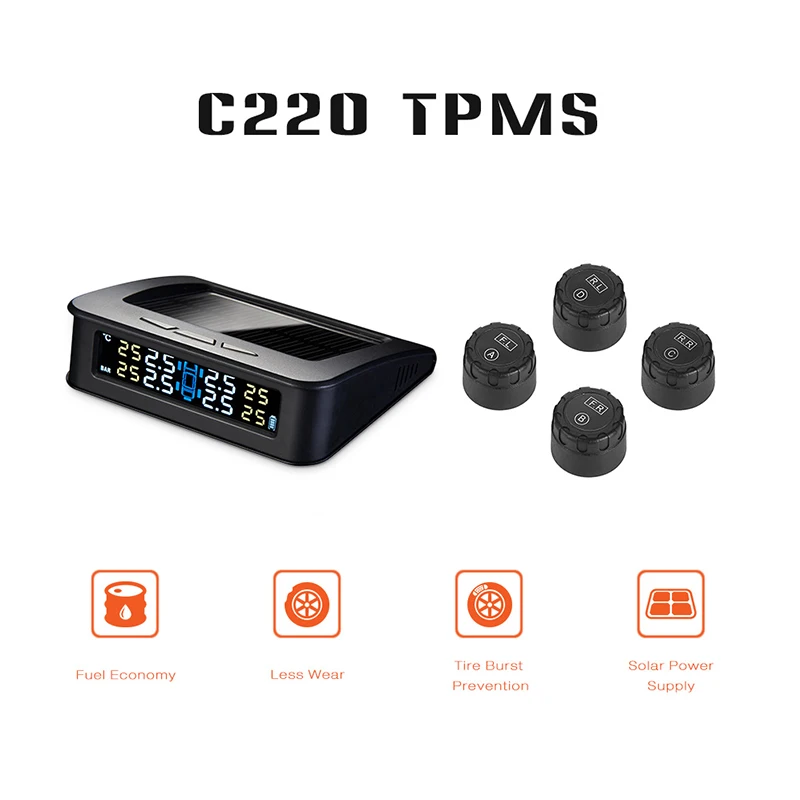 

C220 Solar Powered TPMS Car Wireless Tire Pressure Monitor System 4 External Sensors Auto Tyre Alarm Detector USB Charging 5 bar