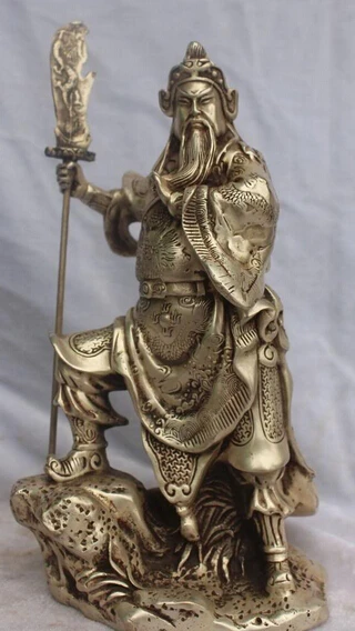 

9" Chinese Silver Dragon Warrir GuanGong Guan Gong GuanYu Hold Sword Base Statue R0707 Discount 35%