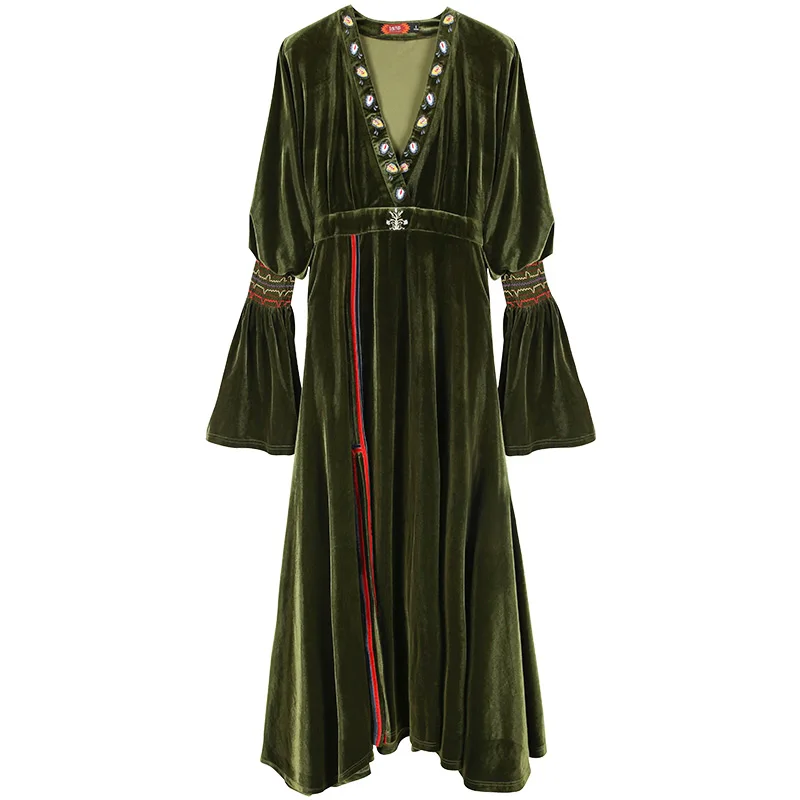 Весенне-осеннее женское винтажное элегантное тонкое платье с v-образным вырезом и Расклешенным рукавом с Боковым Разрезом, повседневное Свободное длинное черно-зеленое бархатное платье vestido, длинное
