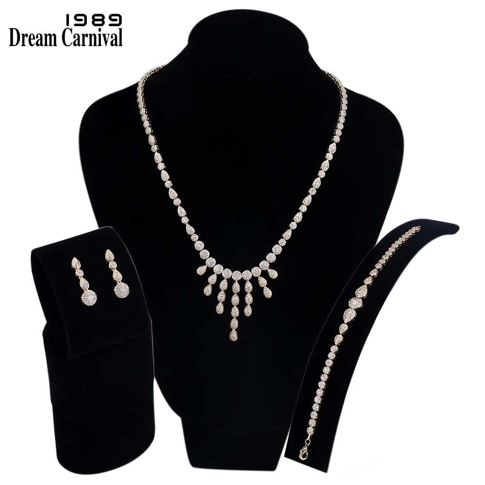 

DreamCarnival 1989 Beautiful Bijoux Wedding Party Gold-color Clear White Cubic Zirconia 3 pieces Jewelry Set for Women SN04818G