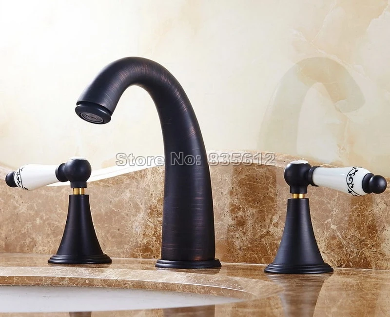 

Bathroom Widespread Tap Black Oil Rubbed Bronze Finish 3 Hole Deck Mounted Basin / Sink / Bathtub Faucet Dual Handle Taps Whg082
