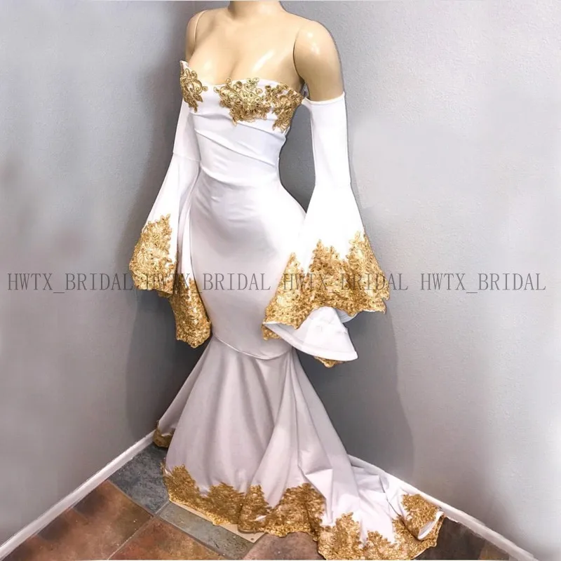 

African Black Girl Prom Dresses 2019 Sexy Mermaid Long Sleeve Sweetheart Gold Lace White Satin Long Party Formal Evening Gown