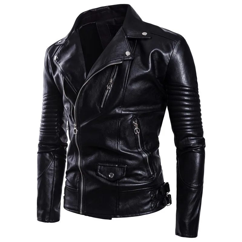 Autumn Men Casual Diagonal zipper PU Faux Leather Jackets man