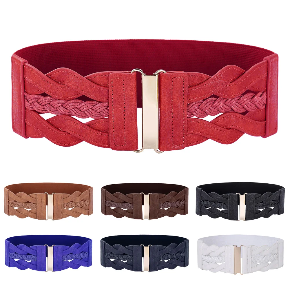 Wide Belts for Women Ladies 2018 Fashion Designer Braided Polyurethane Leather Elastic Waist Belt Waistband Womens Brown Belt